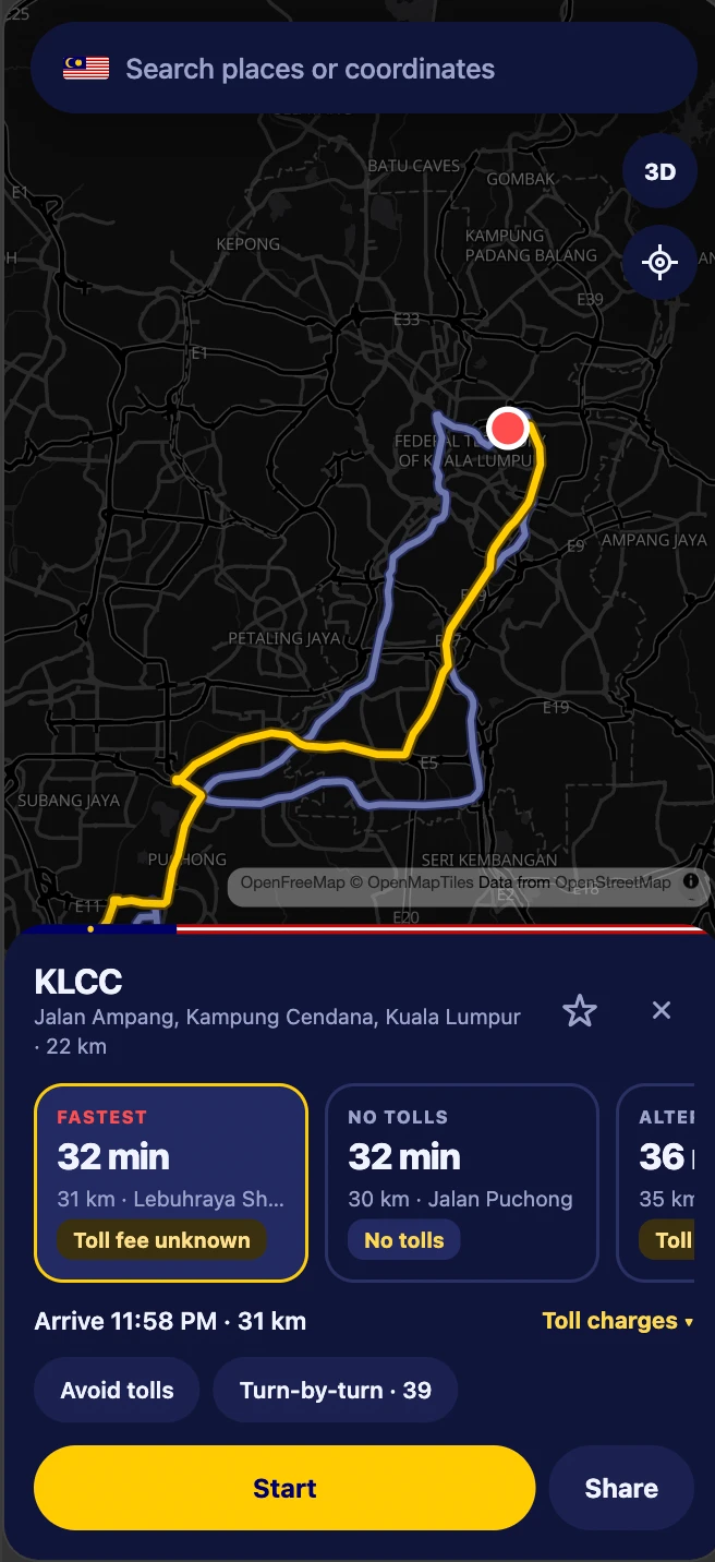 OpenTuju showing a route to KLCC with fastest, no-toll and alternative route cards